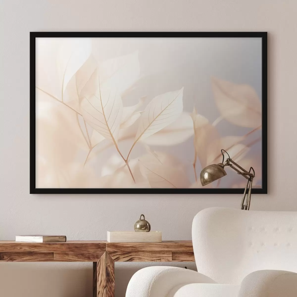 Poster Foglie traslucide con intricati motivi di venature, tavolozza di colori pastello tenui, illuminazione eterea, composizione minimalista f44928