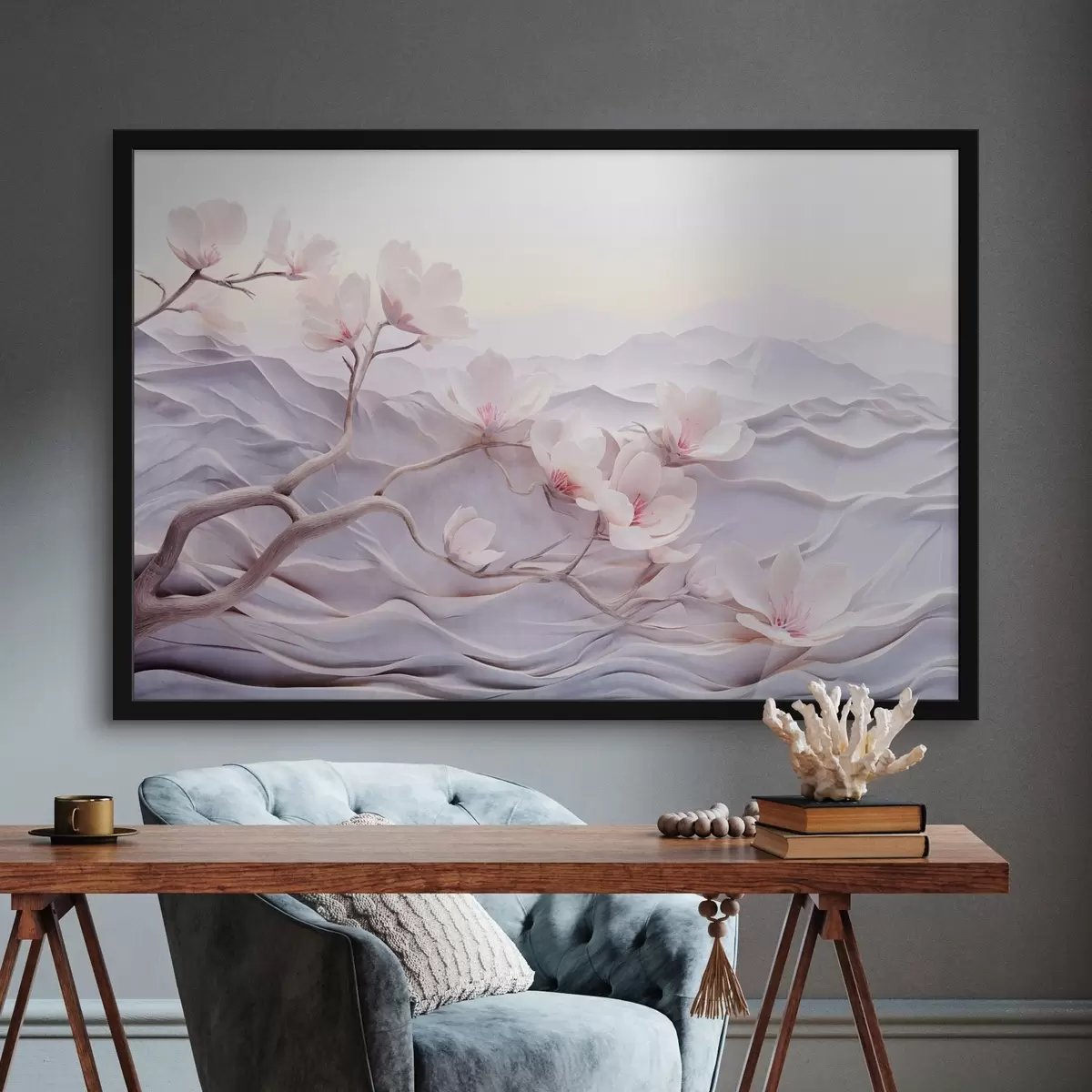 Poster Ramo in fiore con fiori rosa, montagne sullo sfondo, colori pastello tenui, arte giapponese strutturata f44930