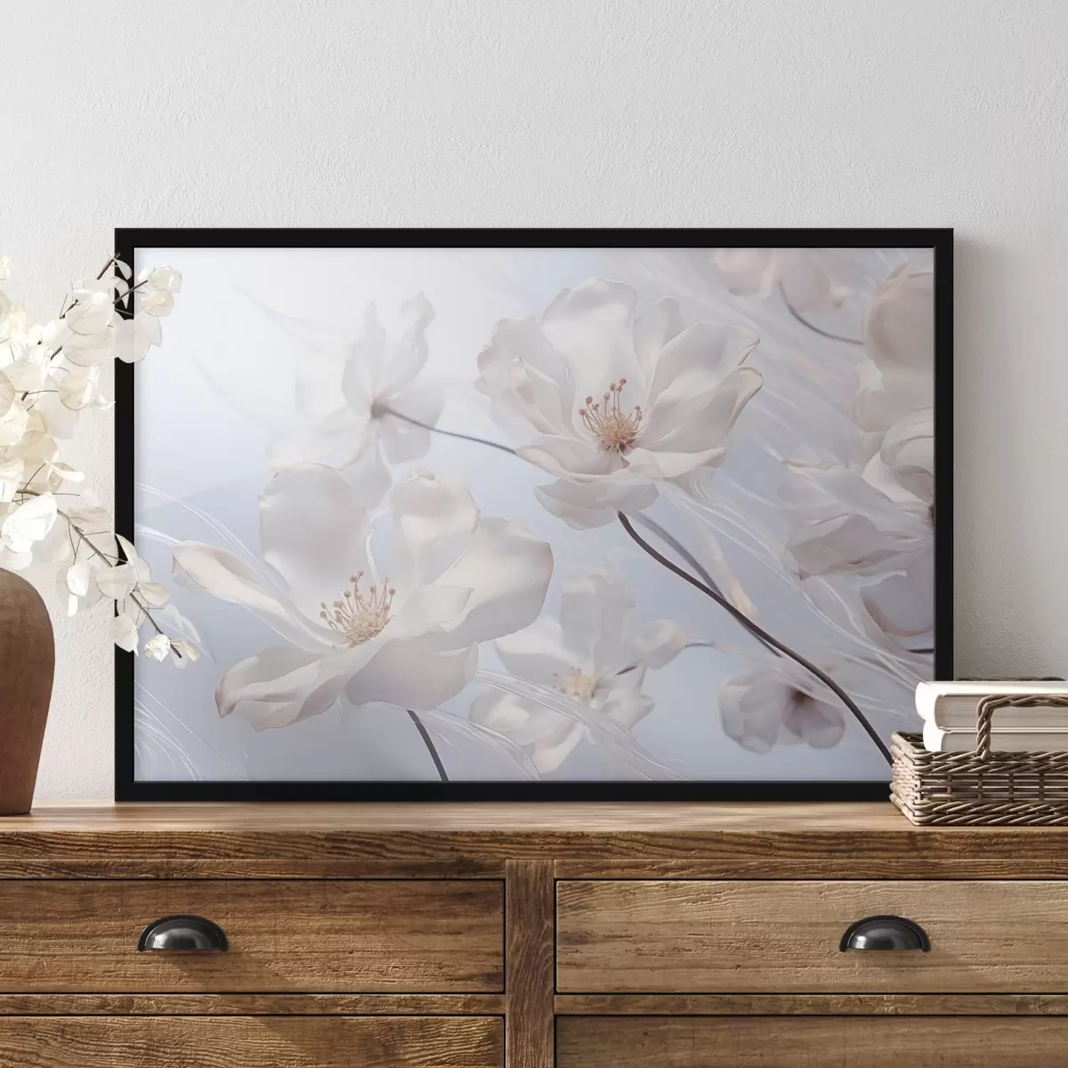 Poster Fiori bianchi con petali traslucidi, sfondo azzurro tenue, elegante, romantico, delicato, sognante f44931