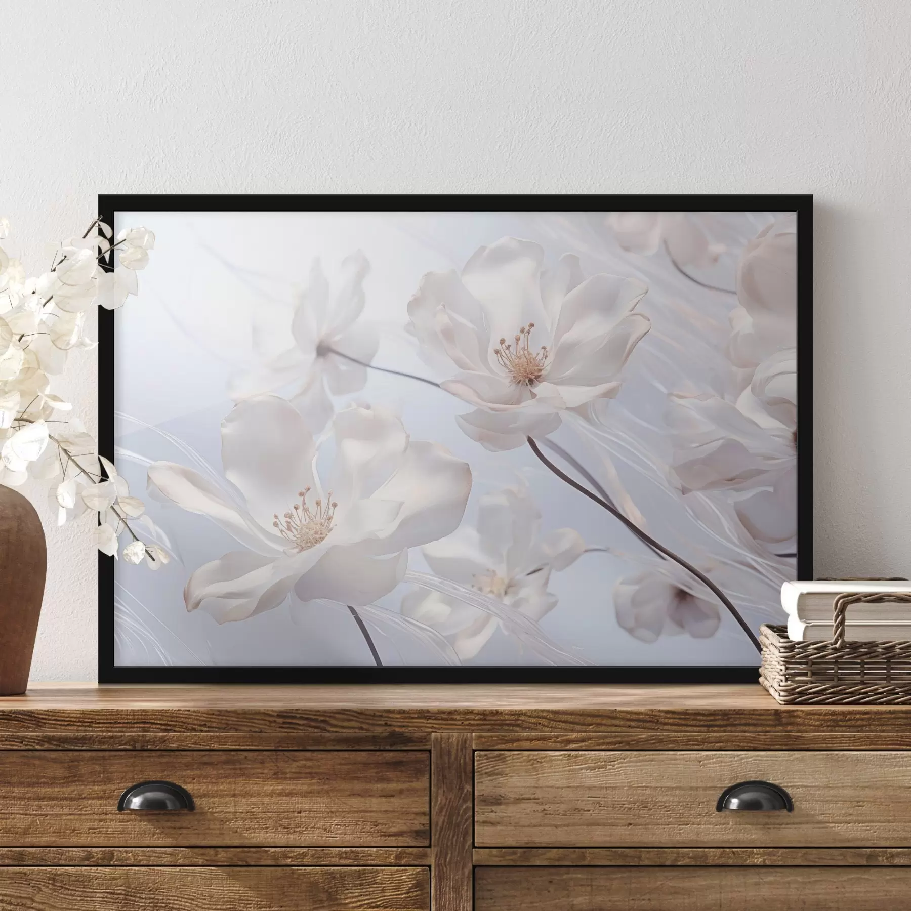 carta da parati Fiori bianchi con petali traslucidi, sfondo azzurro tenue, elegante, romantico, delicato, sognante nr. f44931