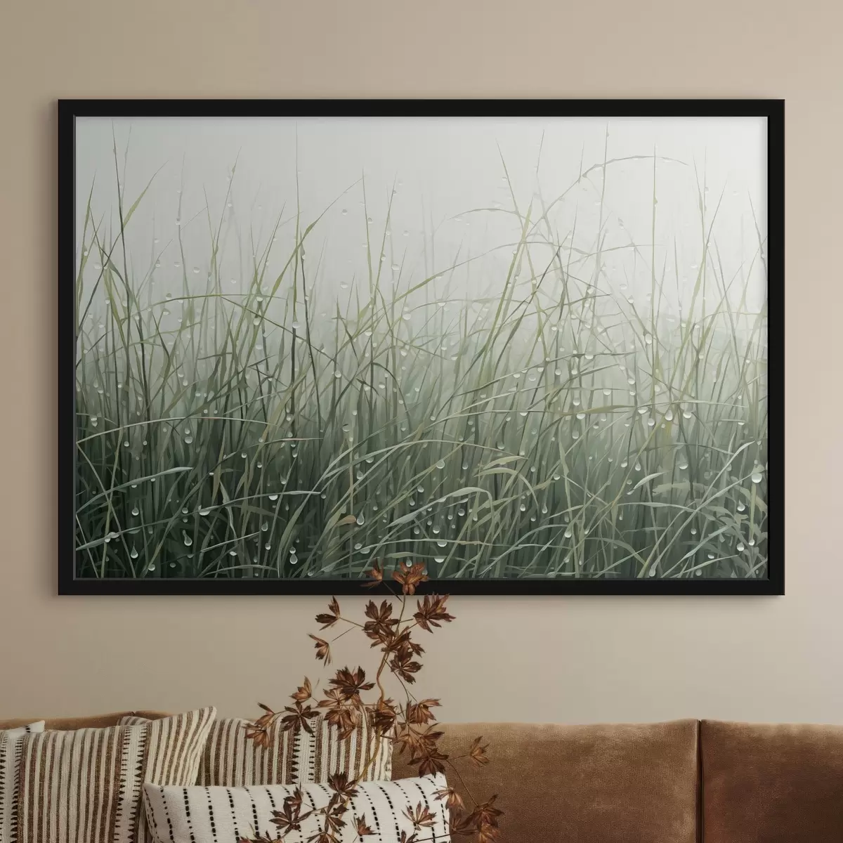 Poster Erba con gocce d'acqua, sfumature verdi, luce soffusa, sfondo nebbioso, stile astratto minimalista con texture f44932