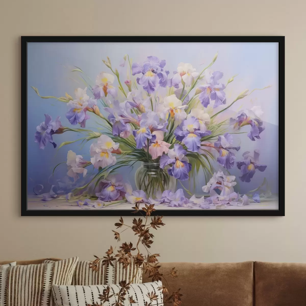 Poster Un vaso con molti iris pastello, alcuni petali sparsi sul tavolo, uno sfondo pastello dai toni blu e rosa f44933