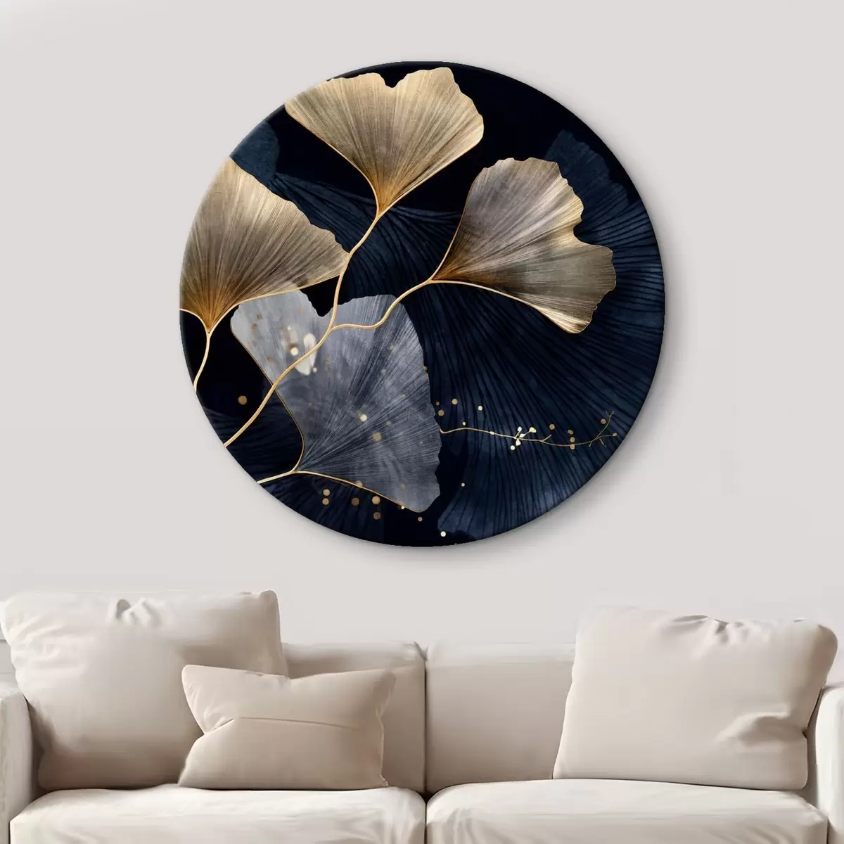 Quadri rotondi Foglie di ginkgo nei toni del giallo e del blu, elegante sfondo scuro, arte moderna, stile minimalista, ispirato alla natura r44921