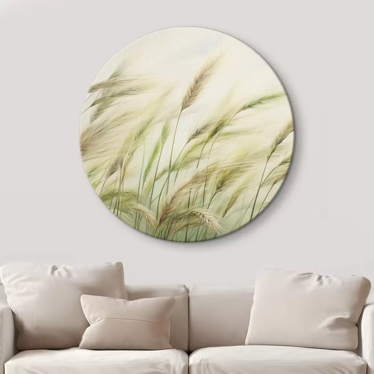 Quadri rotondi Campo di grano con spighe gialle e verdi, pennellate morbide e una tavolozza di colori chiari, atmosfera naturale r44923