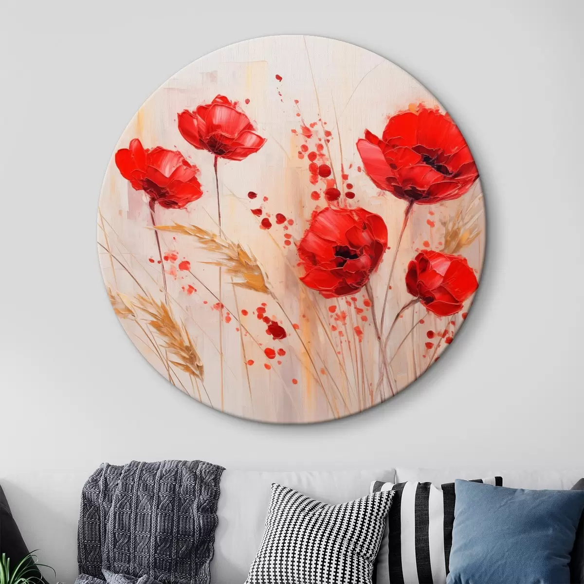 Quadri rotondi Fiori di papavero rossi con steli di grano gialli, su uno sfondo morbido e neutro con schizzi di vernice rossa r44926