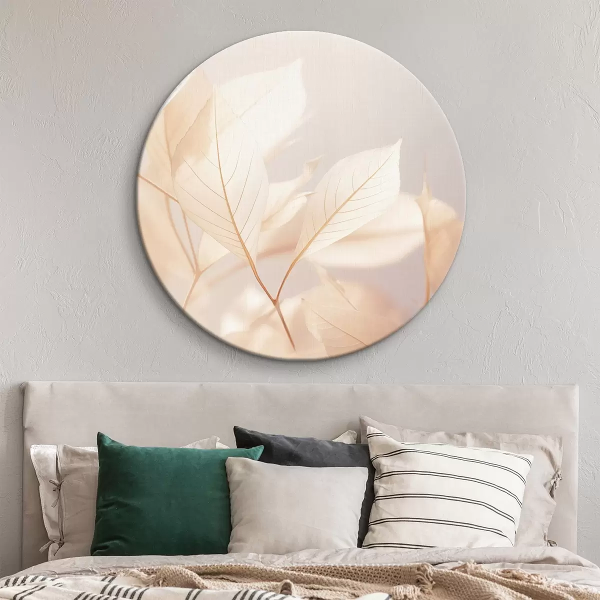 Quadri rotondi Foglie traslucide con intricati motivi di venature, tavolozza di colori pastello tenui, illuminazione eterea, composizione minimalista r44928