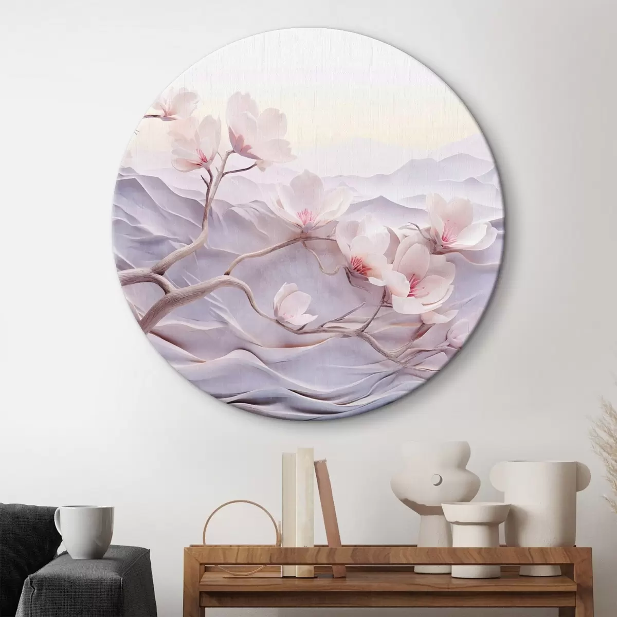 Quadri rotondi Ramo in fiore con fiori rosa, montagne sullo sfondo, colori pastello tenui, arte giapponese strutturata r44930