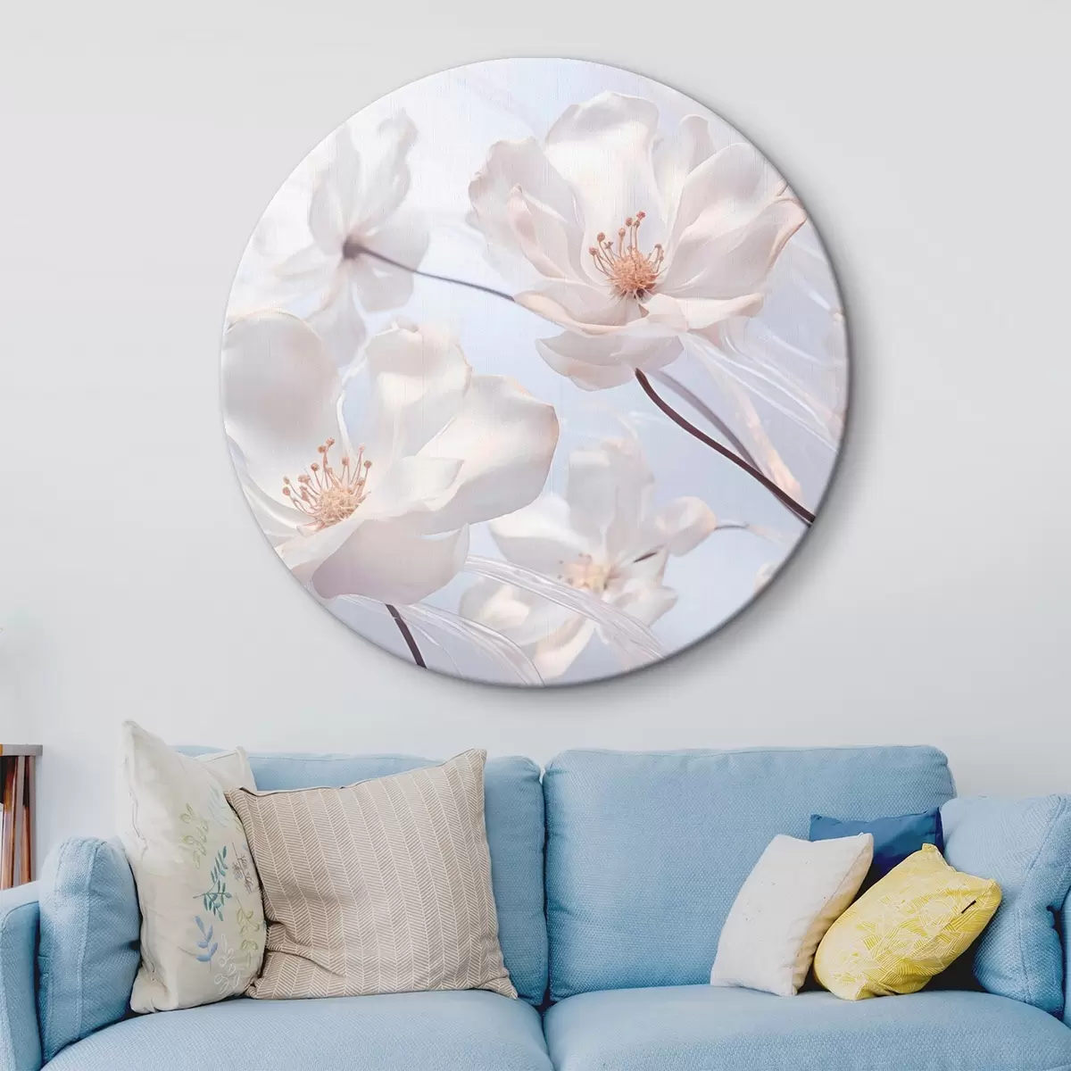 Quadri rotondi Fiori bianchi con petali traslucidi, sfondo azzurro tenue, elegante, romantico, delicato, sognante r44931