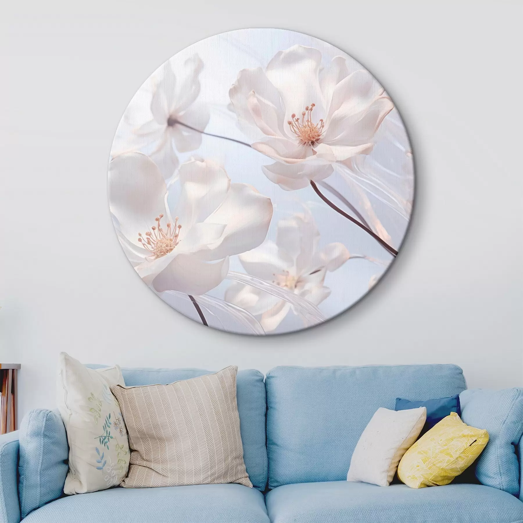 carta da parati Fiori bianchi con petali traslucidi, sfondo azzurro tenue, elegante, romantico, delicato, sognante nr. r44931