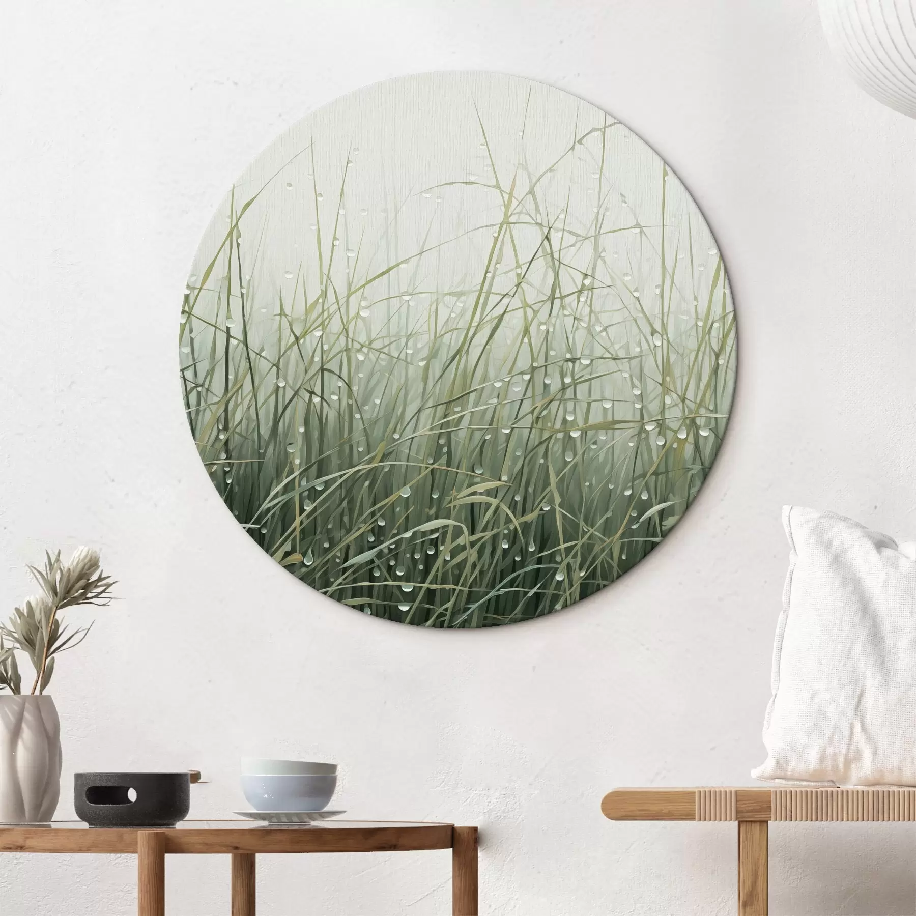 carta da parati Erba con gocce d'acqua, sfumature verdi, luce soffusa, sfondo nebbioso, stile astratto minimalista con texture nr. r44932