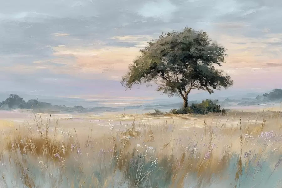 Carta da parati nature albero in mezzo a un campo nello stile della pittura a olio 