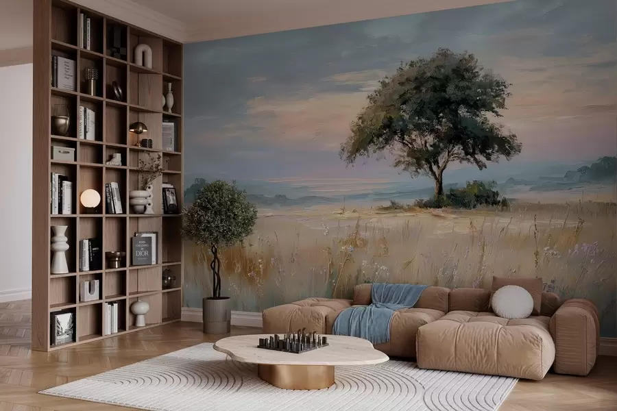 Carta da parati nature albero in mezzo a un campo nello stile della pittura a olio 