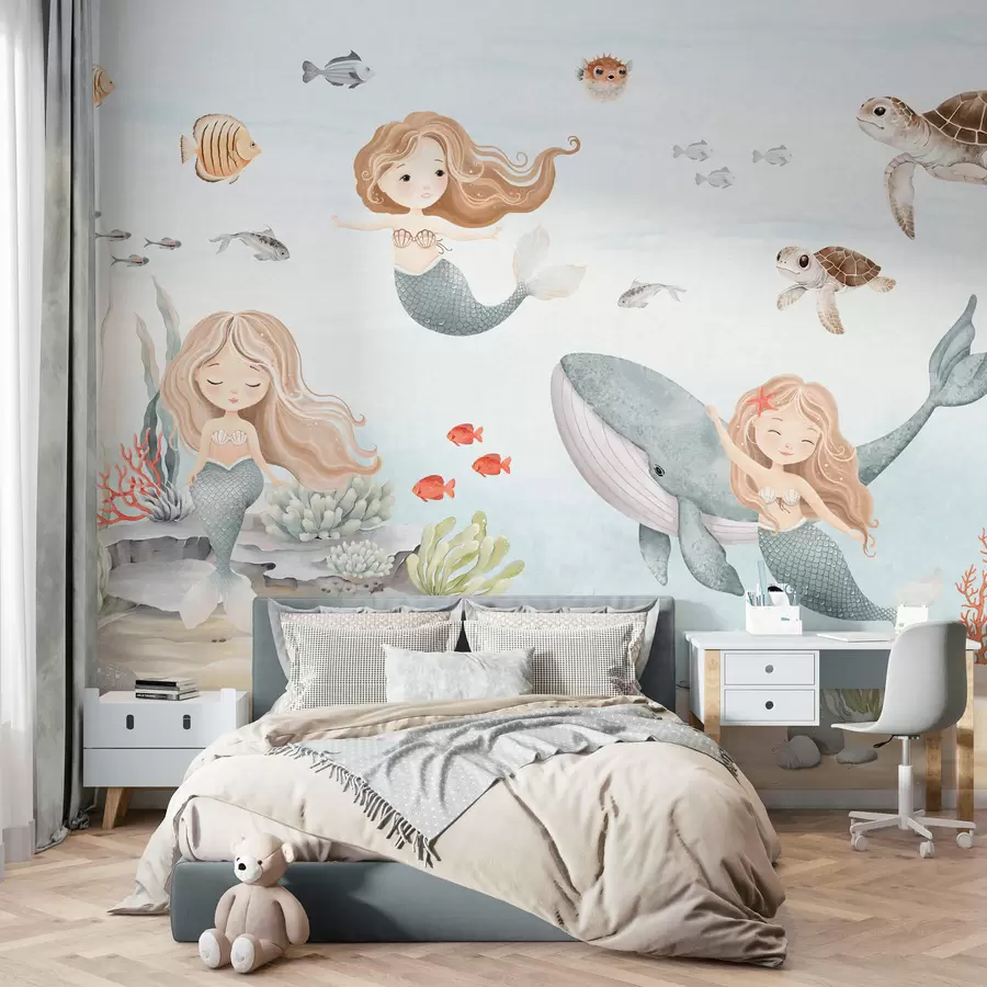 Carta da parati per Bambini Mondo subacqueo con sirene e pesci 