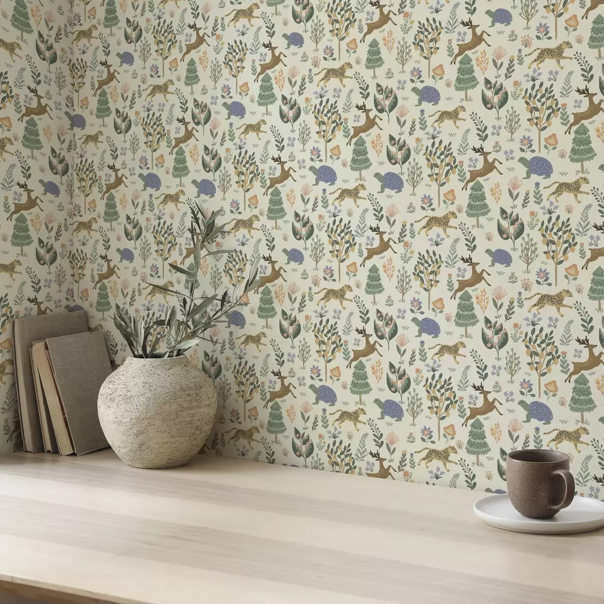 Carta da parati Illustrazione retrò con leopardi, alberi e cervi a00184