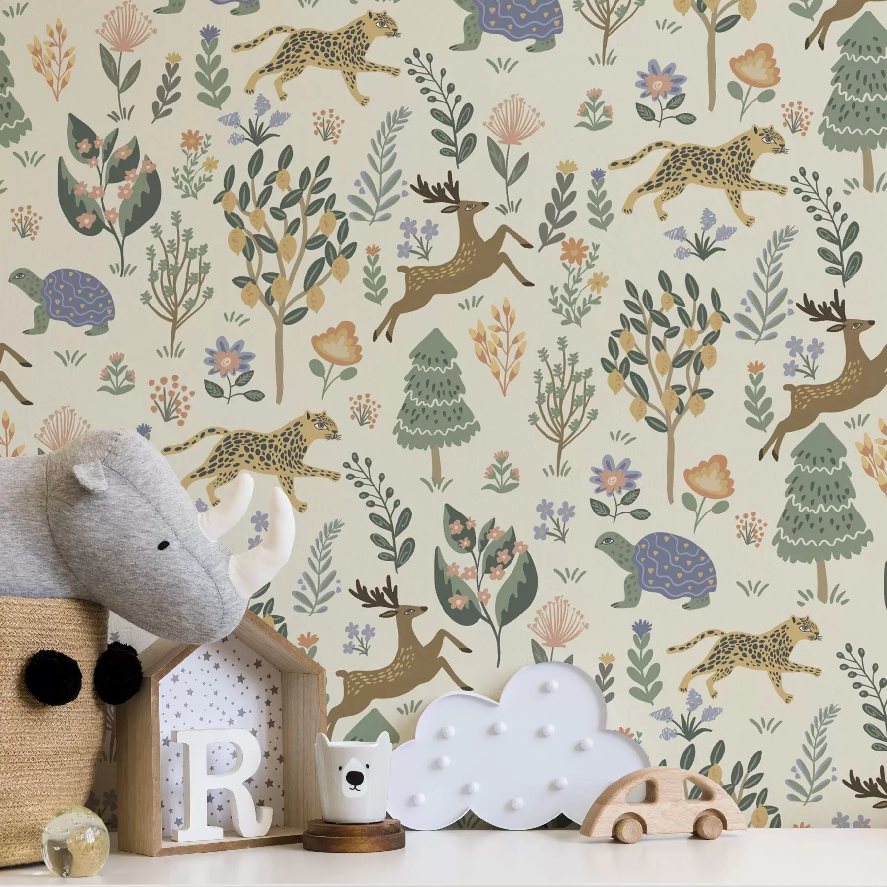 carta da parati Illustrazione retrò con leopardi, alberi e cervi nr. a00184