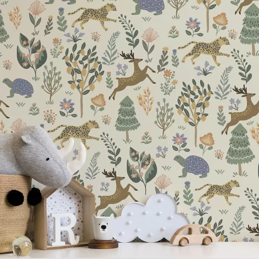 carta da parati Illustrazione retrò con leopardi, alberi e cervi nr. a00184