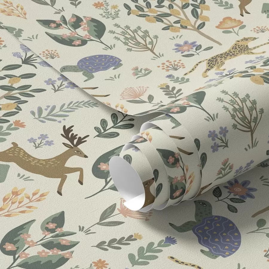 carta da parati Illustrazione retrò con leopardi, alberi e cervi nr. a00184