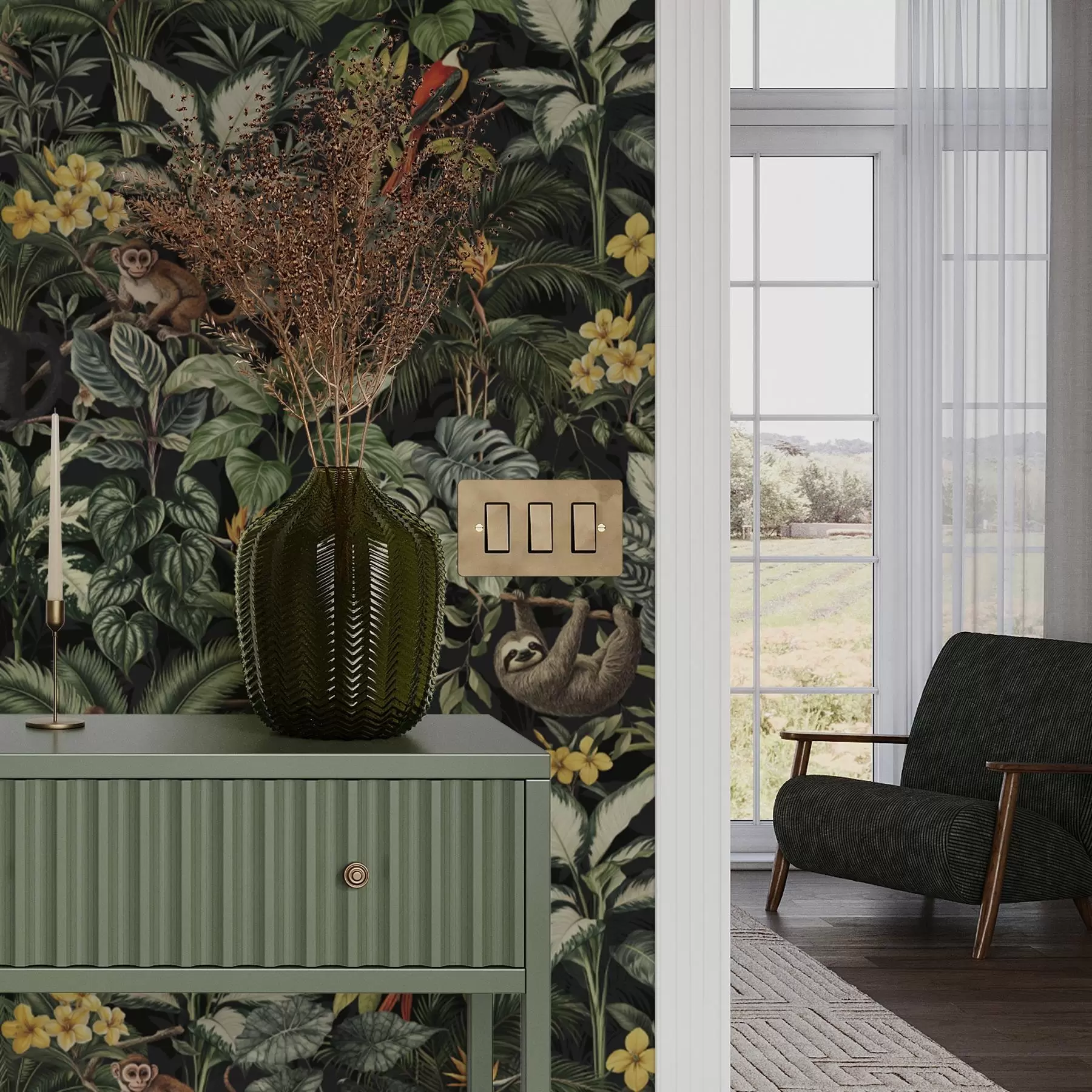 carta da parati Giungla tropicale con scimmie, uccelli e fitto fogliame nr. a00191