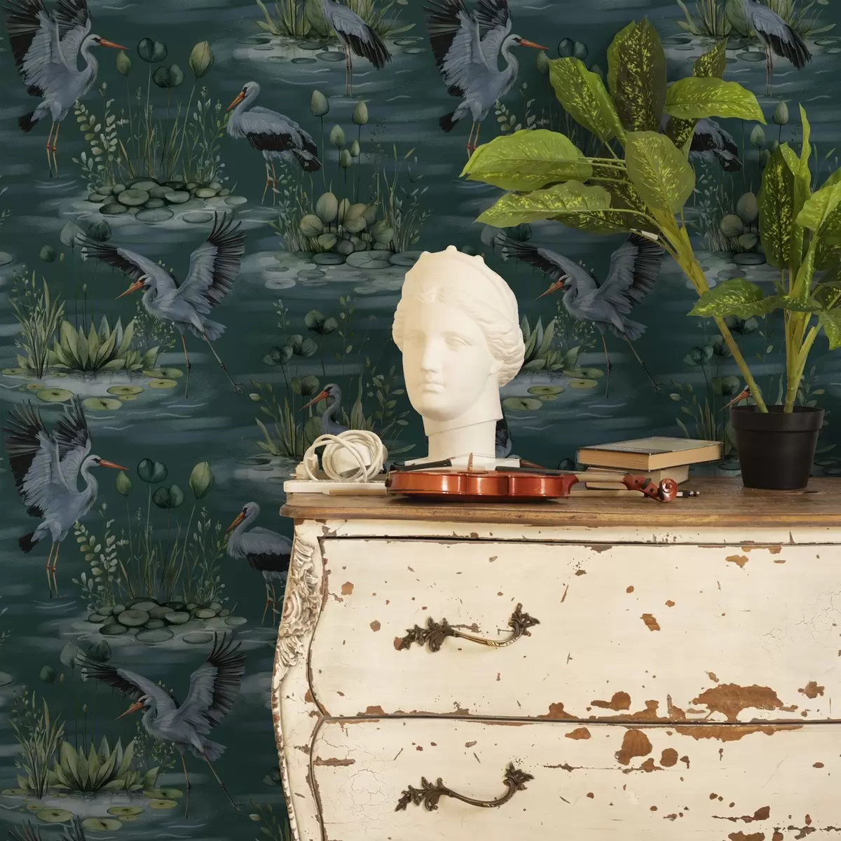 Carta da parati Scene con aironi sullo sfondo di stagni e ninfee a00202