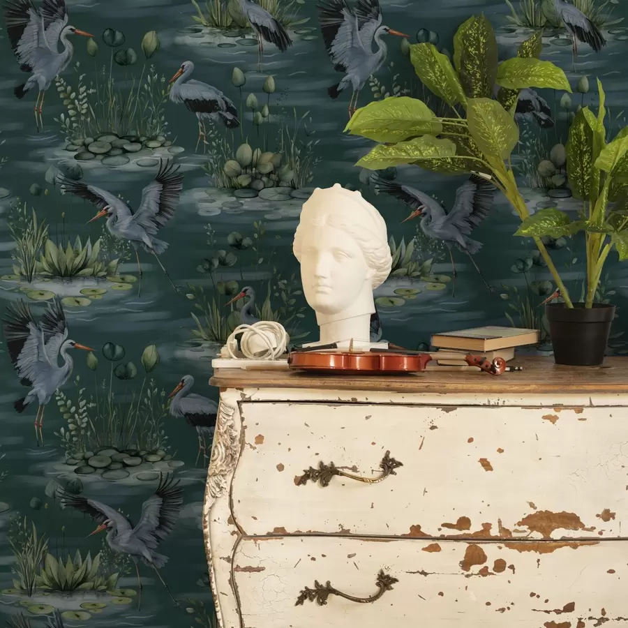 carta da parati Scene con aironi sullo sfondo di stagni e ninfee nr. a00202