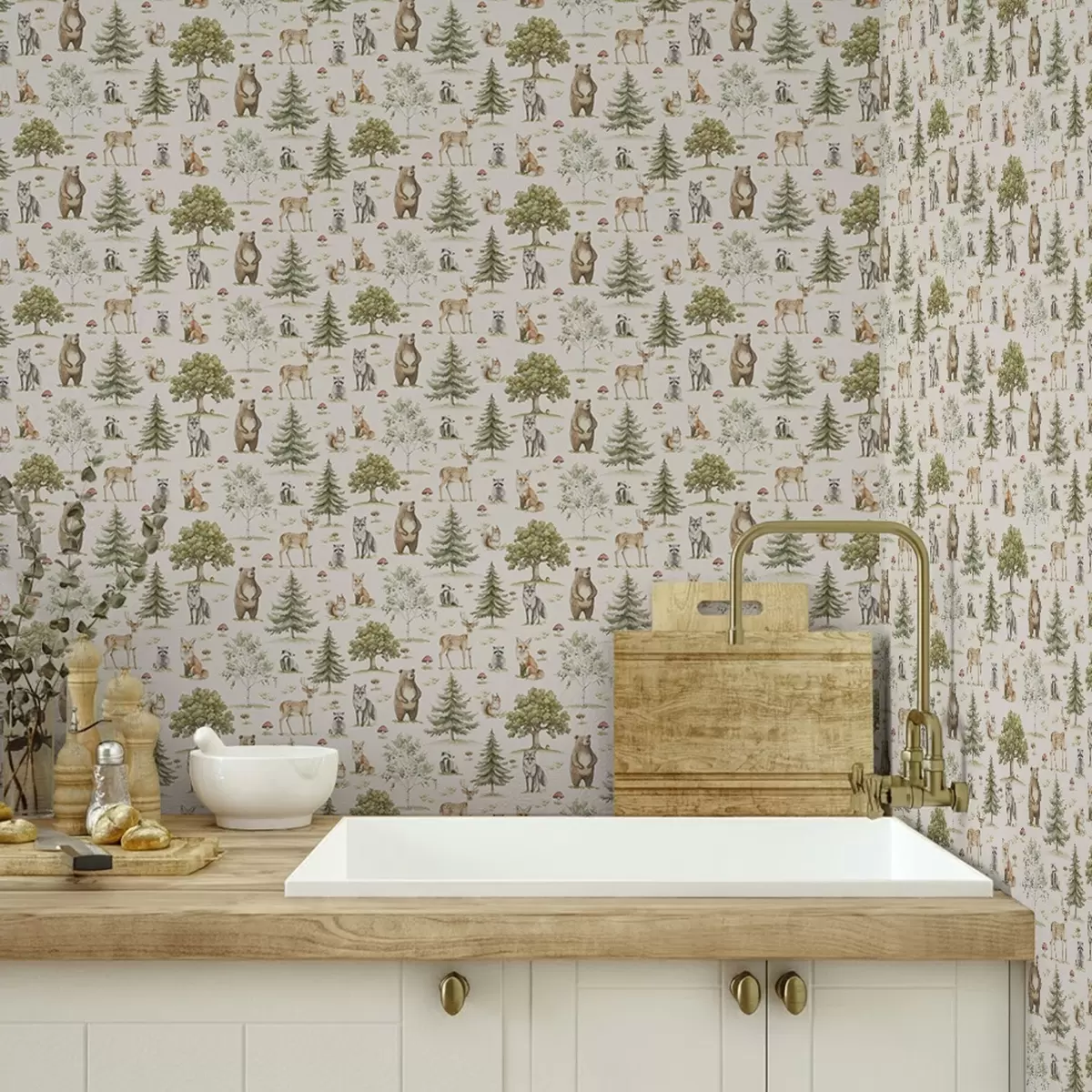 Carta da parati Animali della foresta in stile acquerello morbido, alberi e funghi a00212