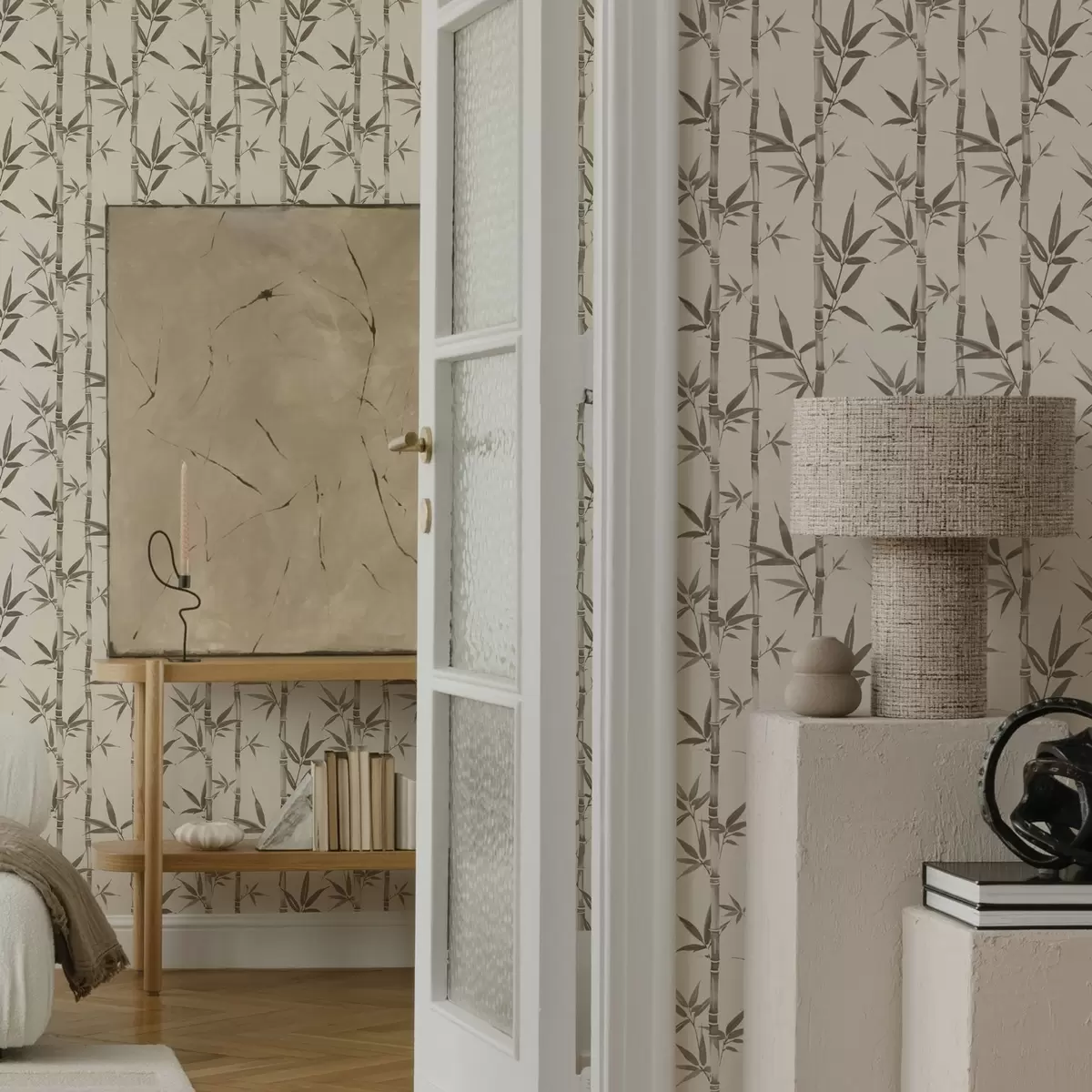 Carta da parati Motivo bambù beige con foglie in stile giapponese a00236