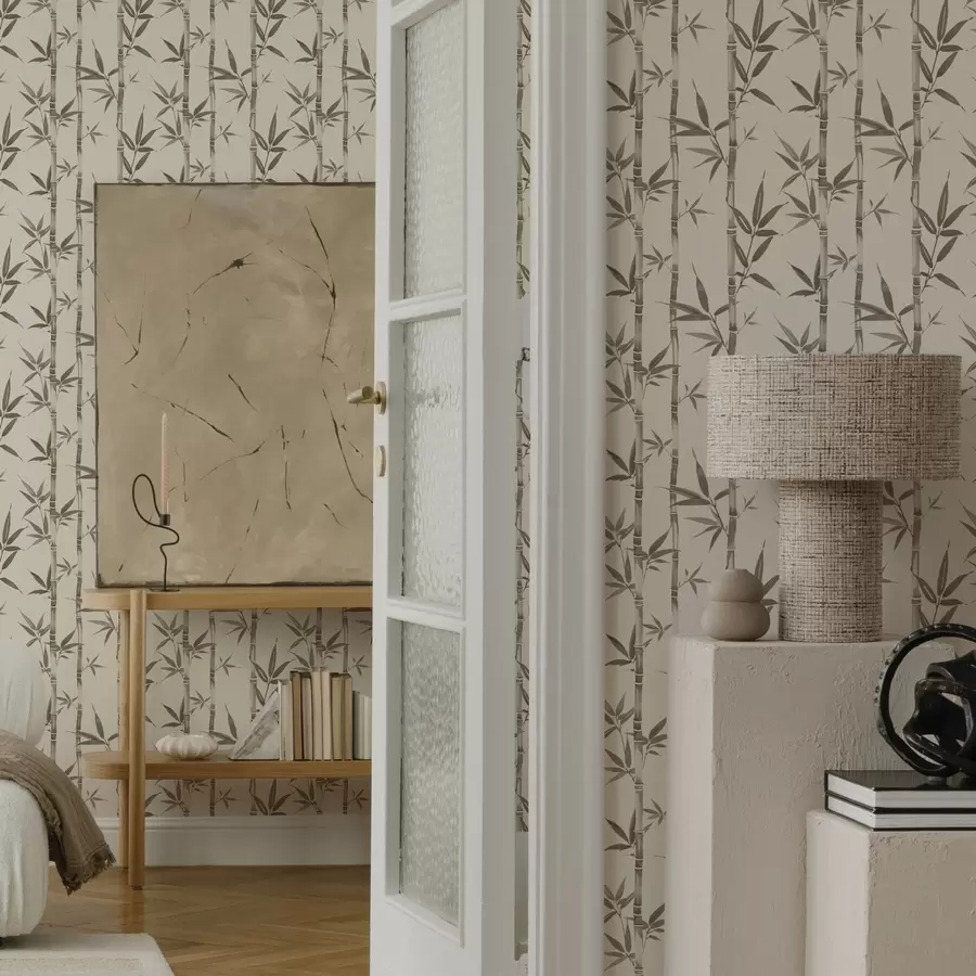 carta da parati Motivo bambù beige con foglie in stile giapponese nr. a00236