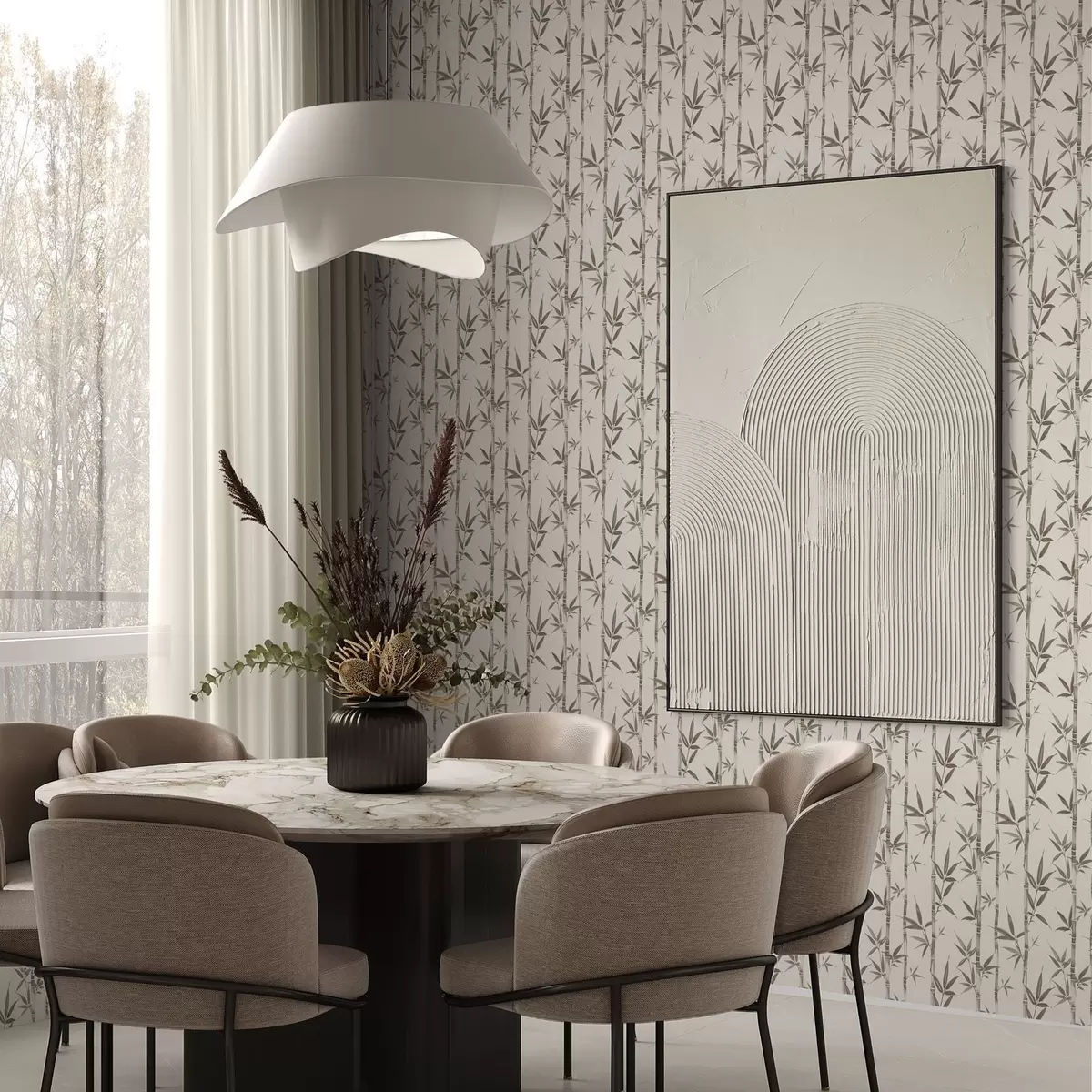 Carta da parati Motivo bambù beige con foglie in stile giapponese a00236