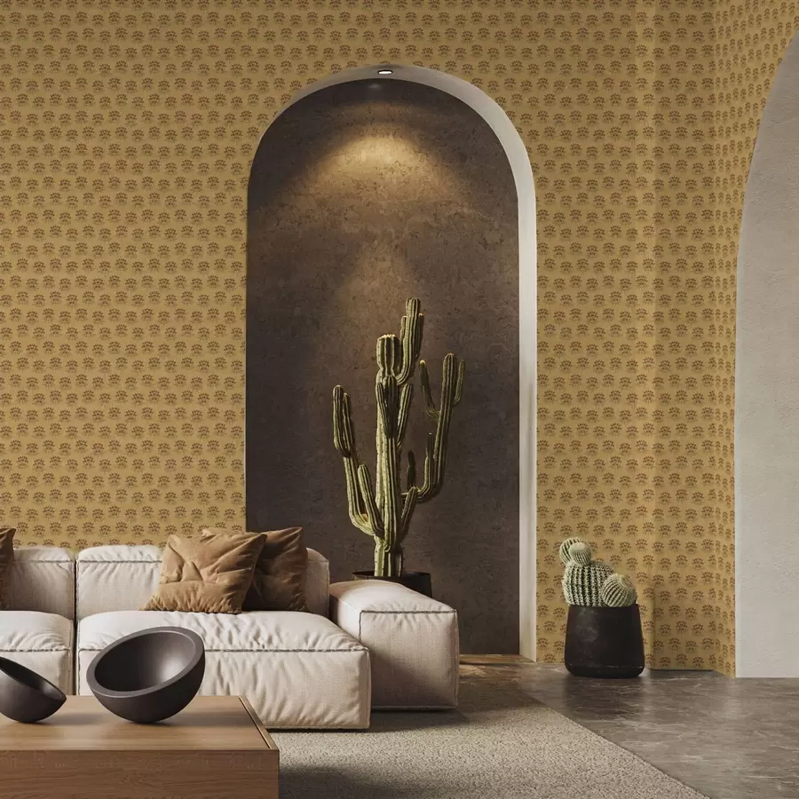 carta da parati Motivo floreale retrò con fiori di loto su sfondo giallo nr. a00238