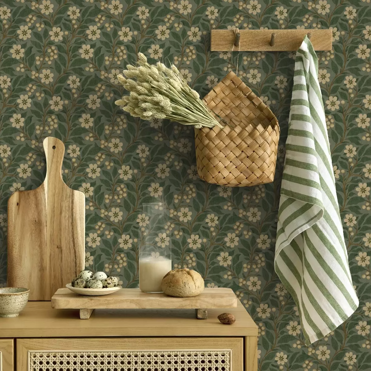 Carta da parati Fiori e bacche gialle su sfondo verde a00242