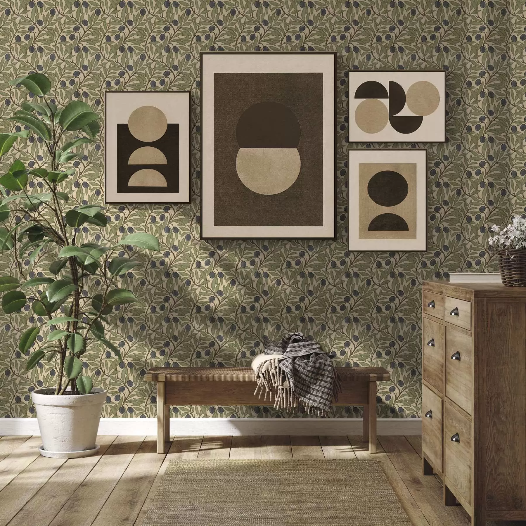 carta da parati Olive su rami in una calda tavolozza di olive nr. a00246