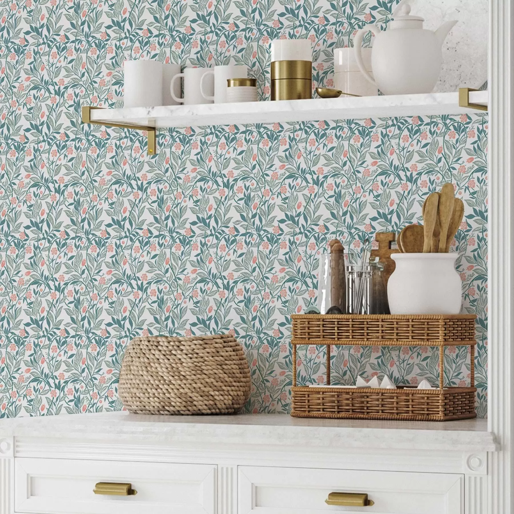 carta da parati Motivo fresco con fiori e foglie di corallo nr. a00247