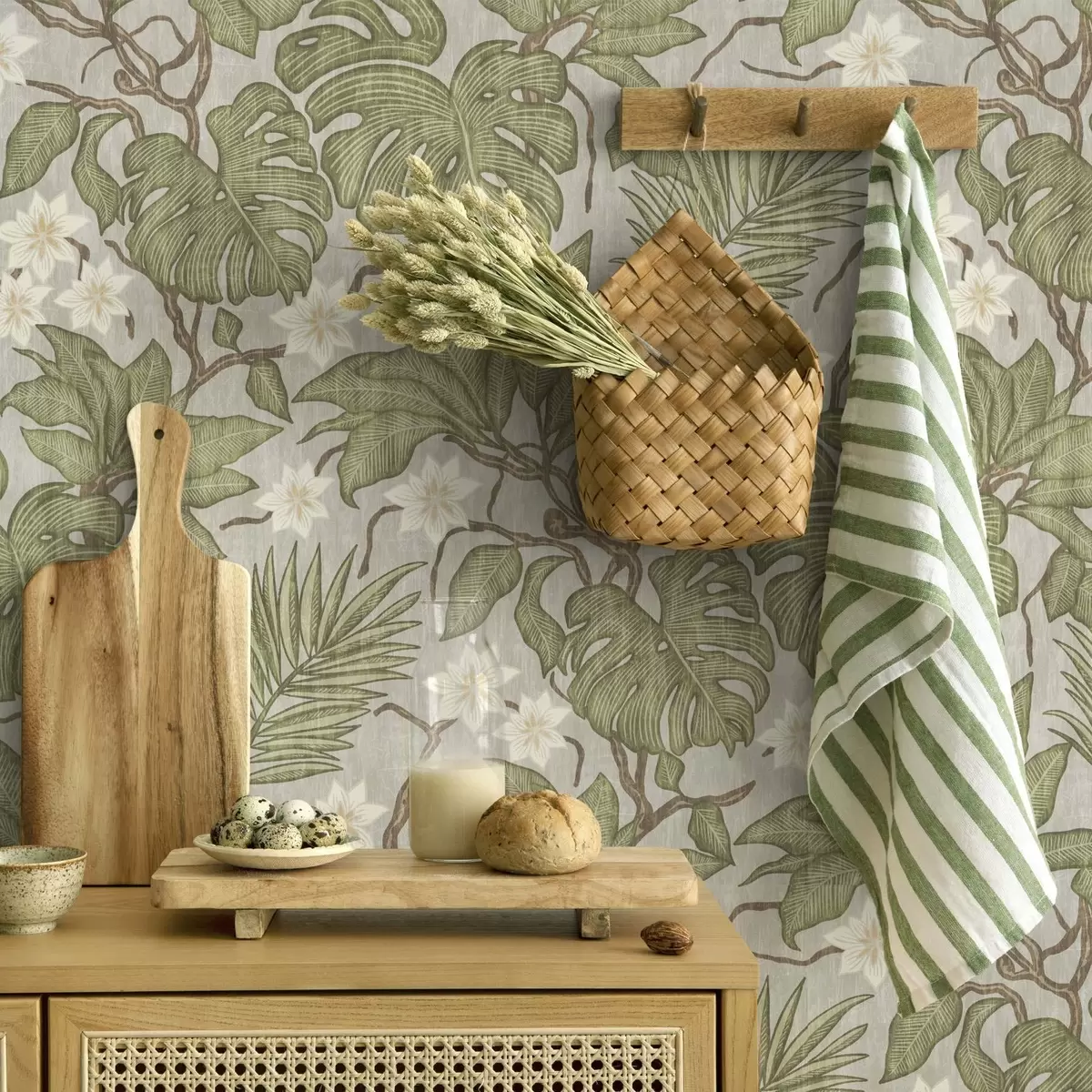 Carta da parati Foglie e fiori di monstera tropicale su sfondo grigio a00249
