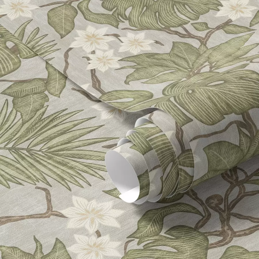 carta da parati Foglie e fiori di monstera tropicale su sfondo grigio nr. a00249