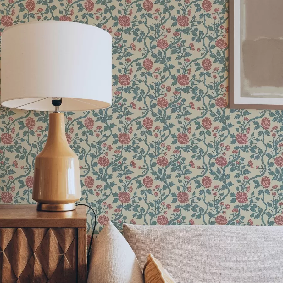 carta da parati Motivo retrò con fiori rossi e verdi nr. a00250