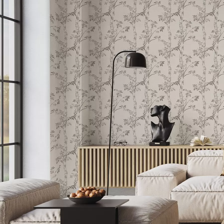 carta da parati Rami di betulla con foglie su sfondo chiaro nr. a00257