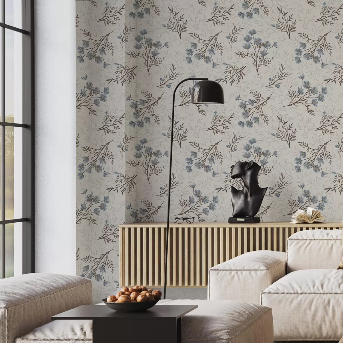Carta da parati Fiori blu e rami leggeri su sfondo bianco a00265v1