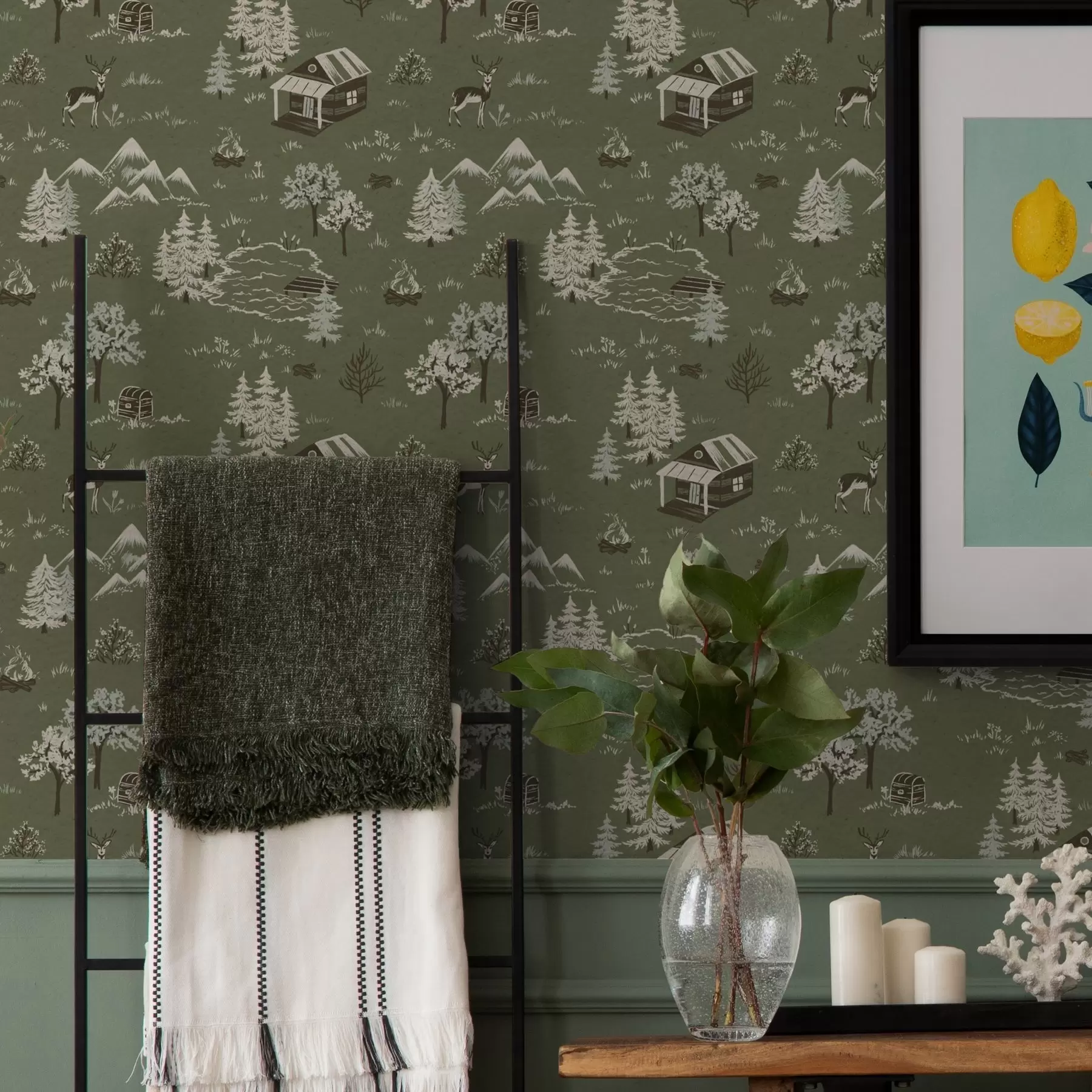 carta da parati Bosco dipinto con lago, capanna e animali nr. a00267