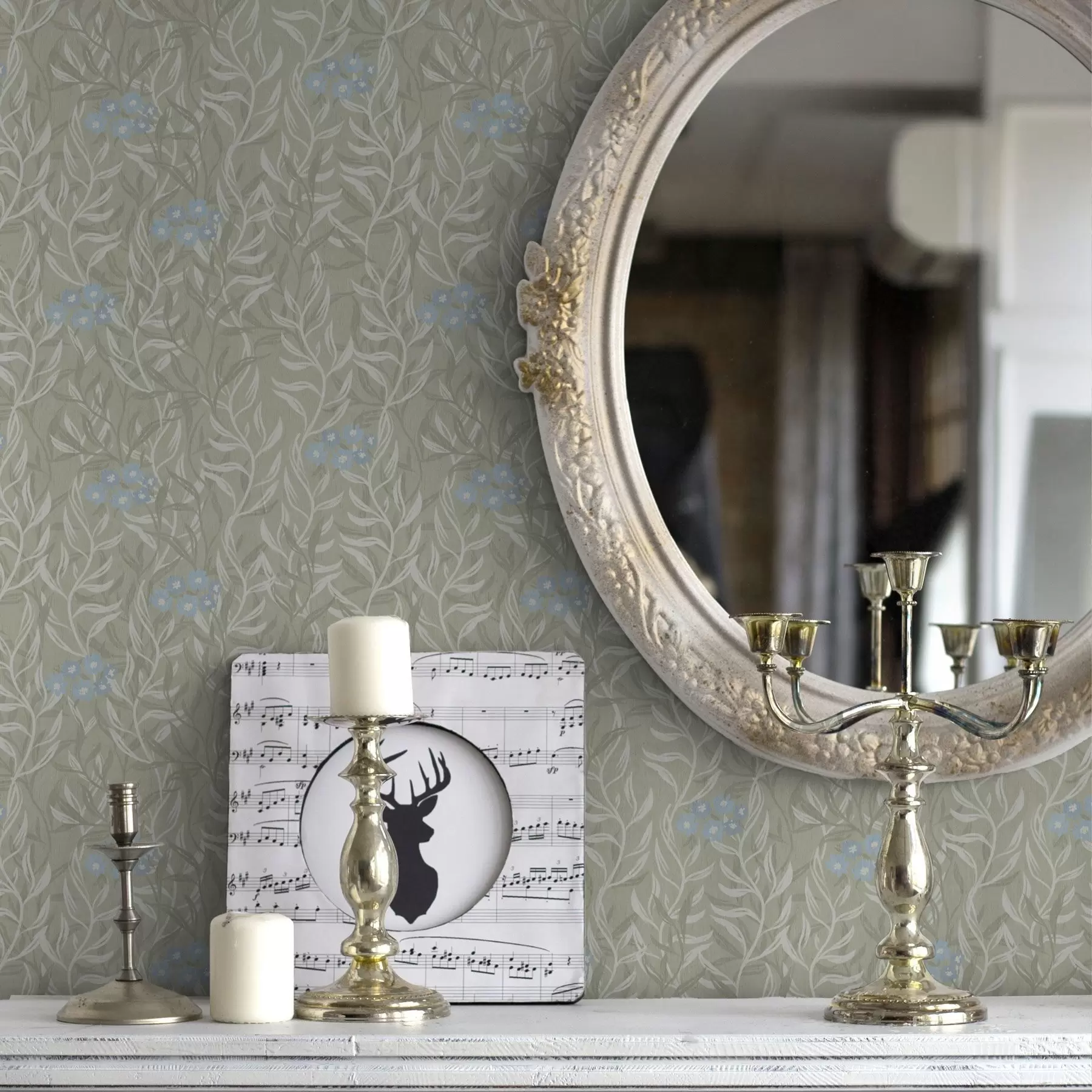 carta da parati Sfondo verde con rami bianchi e fiori blu nr. a00268v1