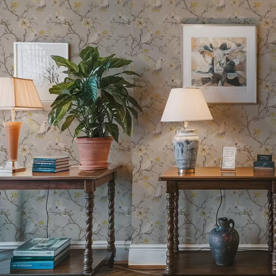 carta da parati Pappagalli e fiori gialli su sfondo chiaro nr. a00270