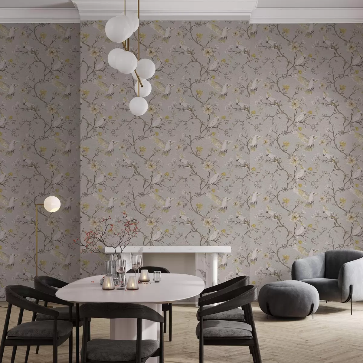 Carta da parati Pappagalli e fiori gialli su sfondo chiaro a00270