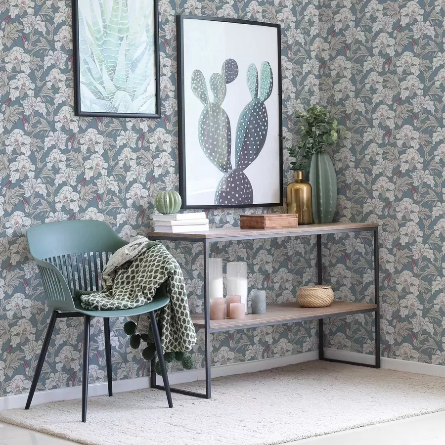 carta da parati Ibisco bianco su sfondo blu con motivo di contorno nr. a00272v1