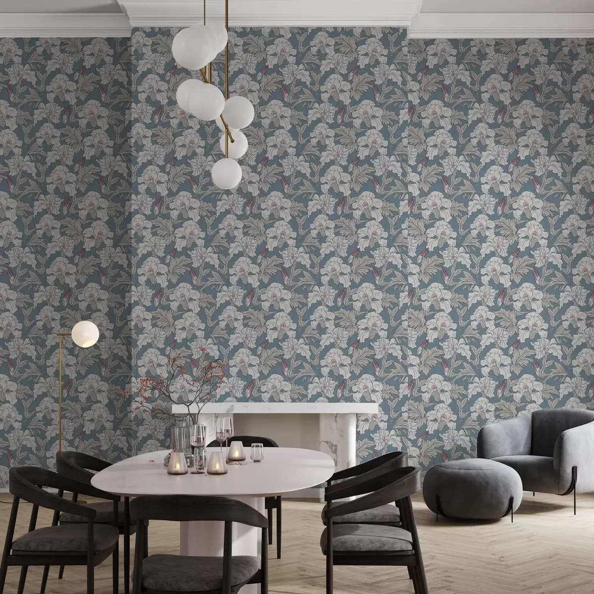 Carta da parati Ibisco bianco su sfondo blu con motivo di contorno a00272v1