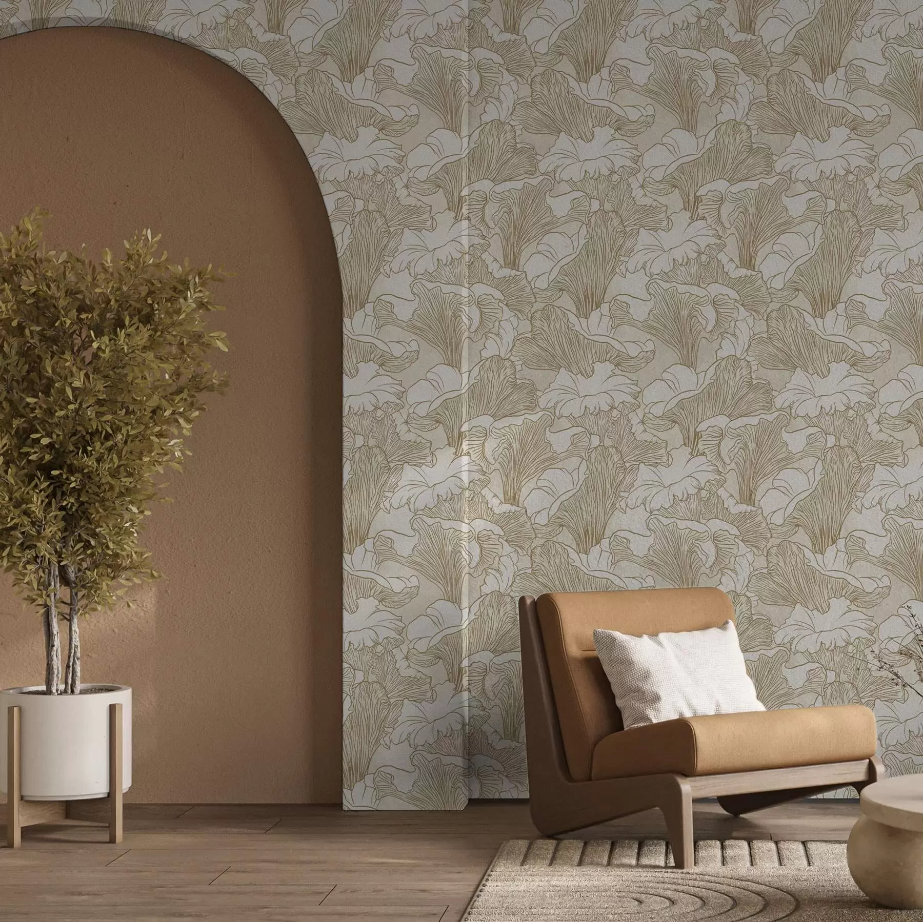 carta da parati Funghi galletti, disegno al tratto su sfondo crema nr. a00275