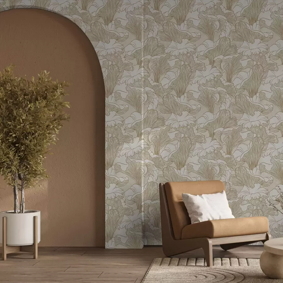 carta da parati Funghi galletti, disegno al tratto su sfondo crema nr. a00275