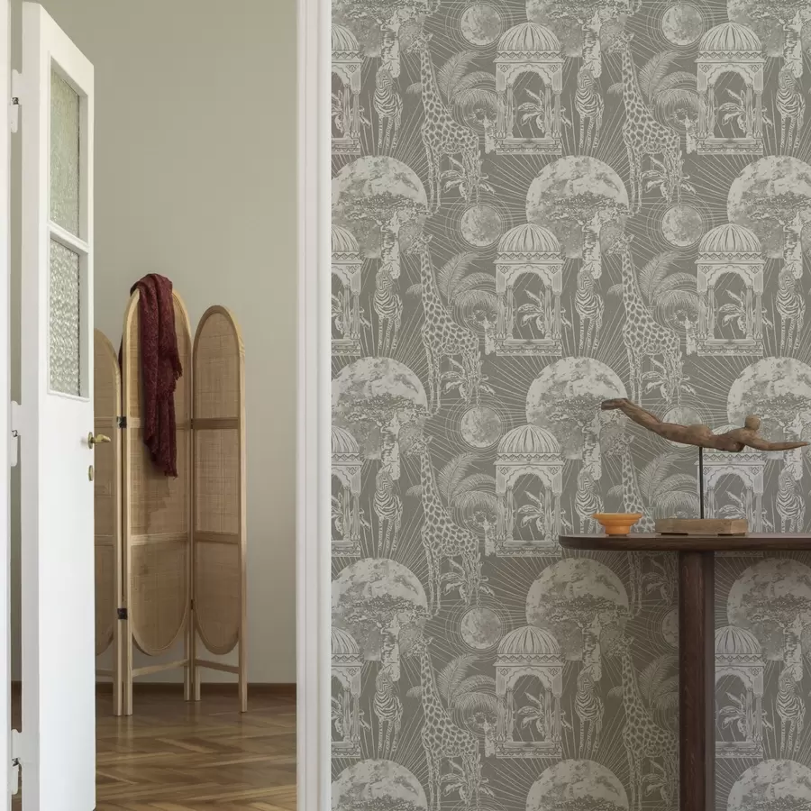 carta da parati Giraffa e zebra sullo sfondo di architettura e alberi tropicali nr. a00276