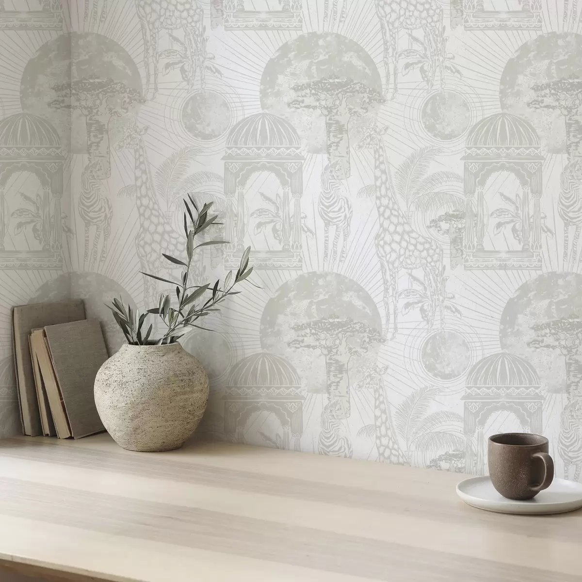 Carta da parati Illustrazione grafica con giraffa, zebra e palme a00276v1