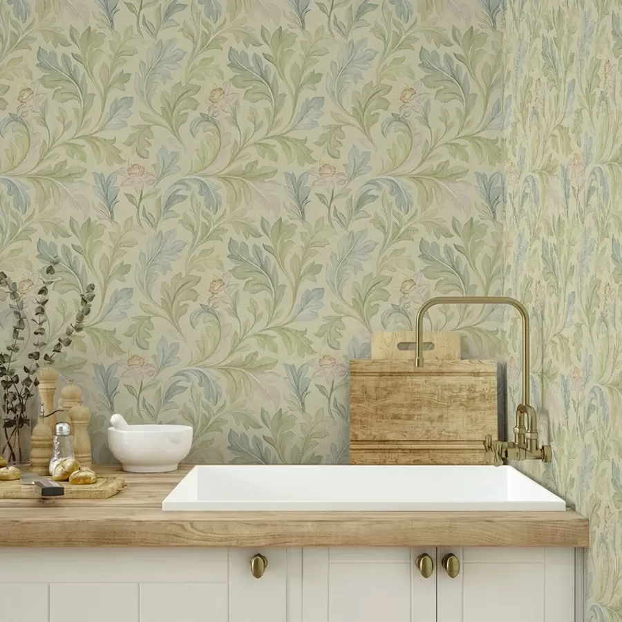 carta da parati Foglie vintage su sfondo giallastro, colori tenui nr. a00277v1