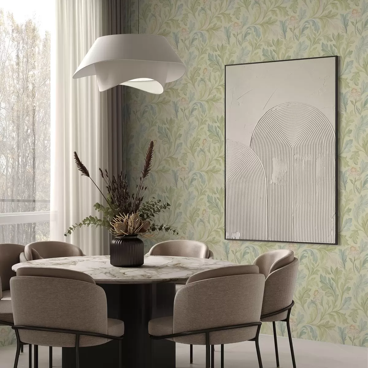 Carta da parati Foglie vintage su sfondo giallastro, colori tenui a00277v1