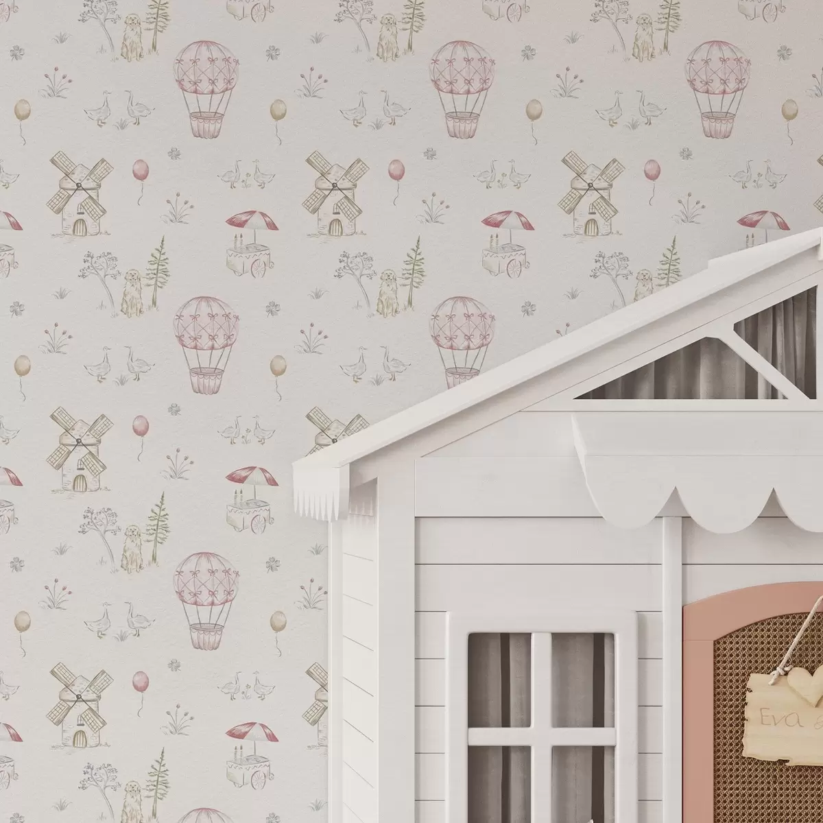 Carta da parati Illustrazioni per bambini: Cane, anatre, palle, mulino a00278